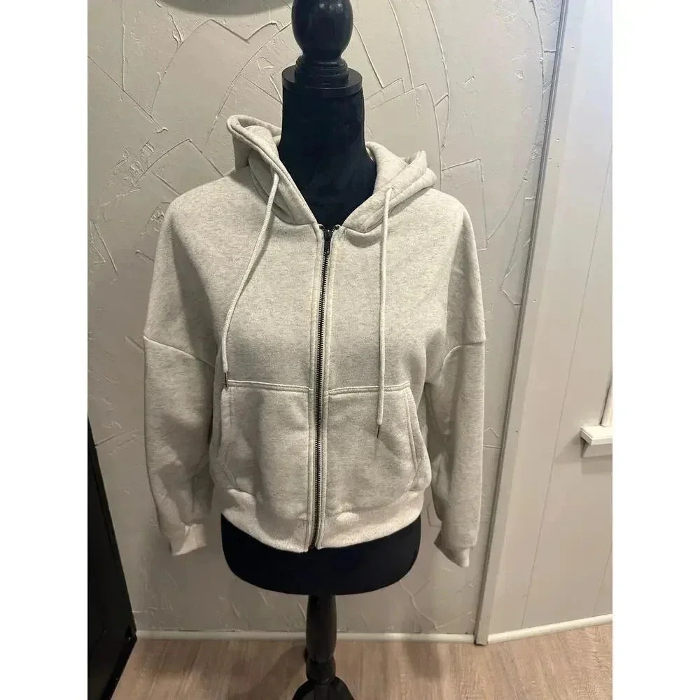 SHEIN Cropped Hooded Jacket White/gray Medium